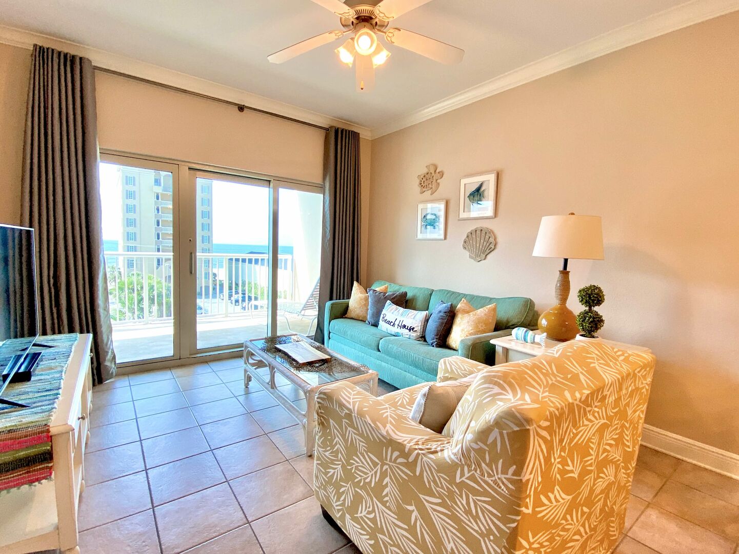 The living room in one of our Crystal Tower Gulf Shores vacation rentals